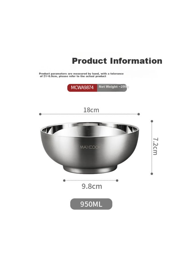 MAX COOK Meichun 316l Stainless Steel Bowl, Salad Bowl, Soup Bowl, Double-layer Insulated, Rice Bowl, Tableware, Noodle Bowl, 18cm, Mcwa9874 - Image 1