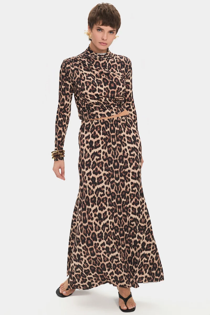جون Women's Regular/normal Pattern Cotton Blend Turtleneck Leopard Patterned Blouse