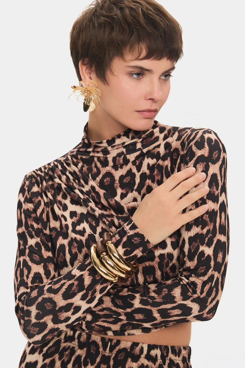 جون Women's Regular/normal Pattern Cotton Blend Turtleneck Leopard Patterned Blouse