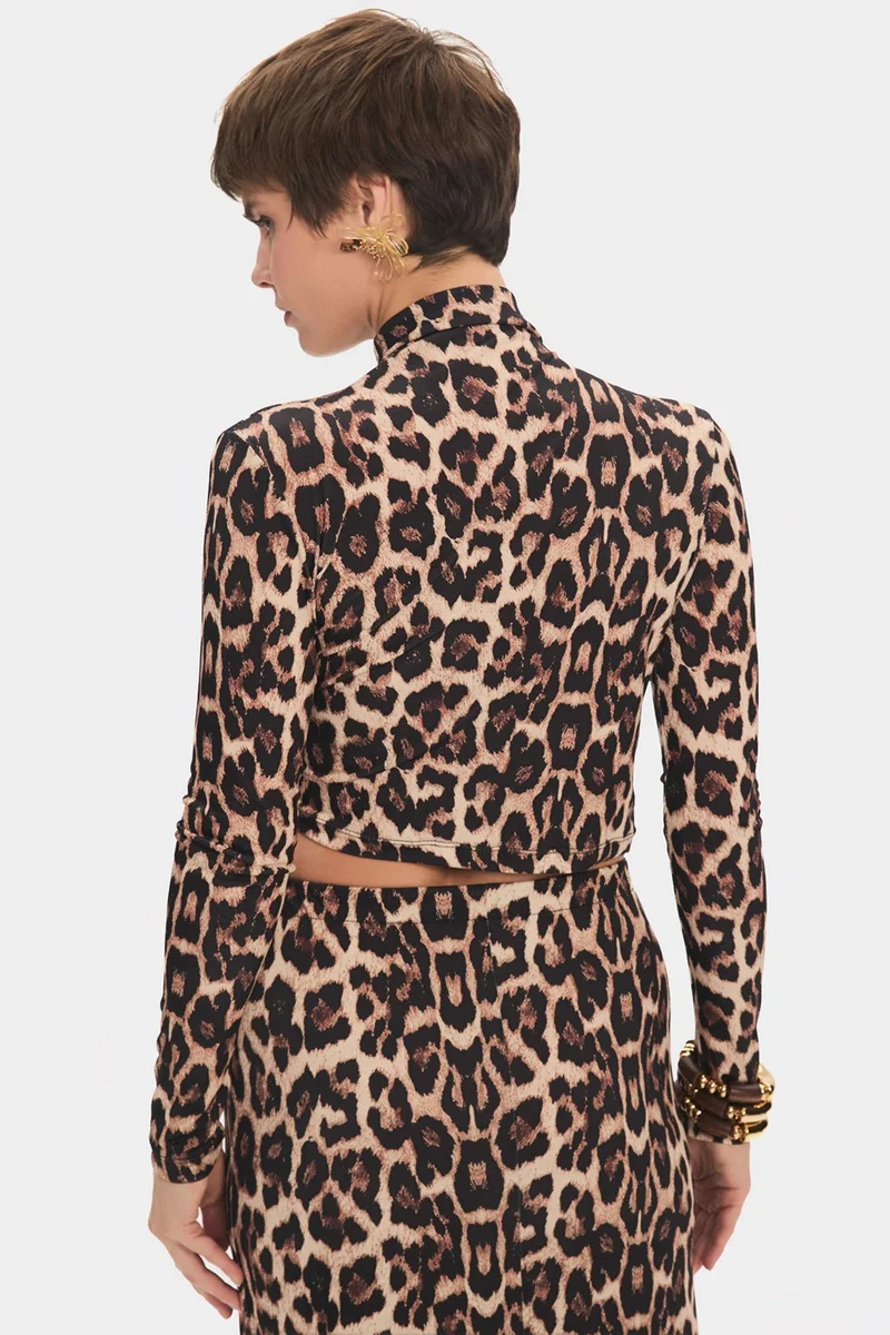 جون Women's Regular/normal Pattern Cotton Blend Turtleneck Leopard Patterned Blouse