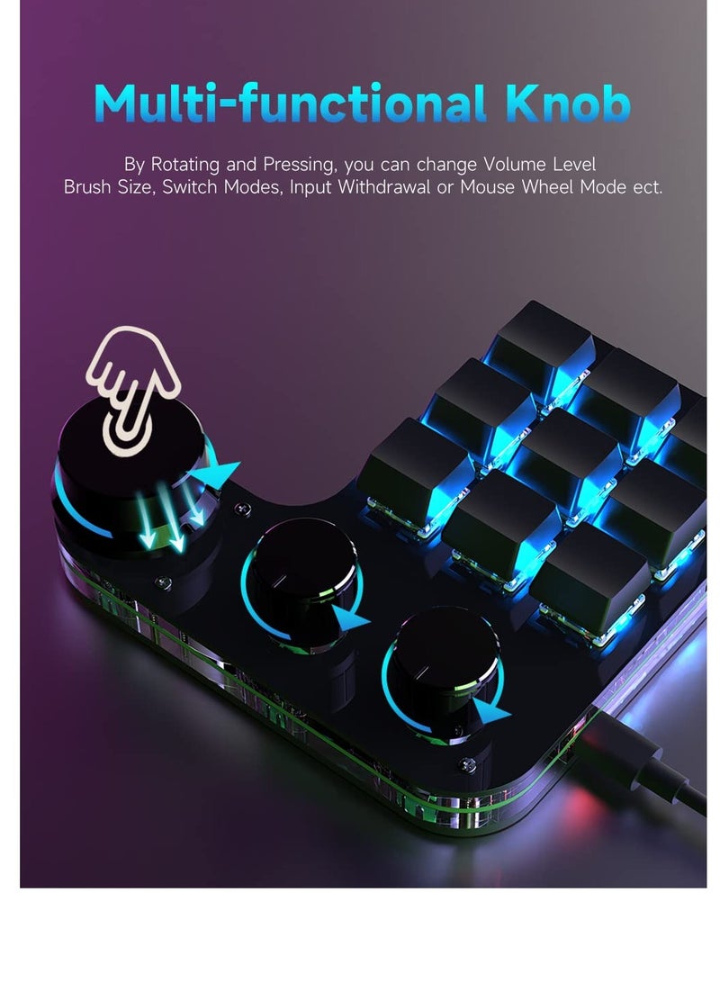 Excefore 9-Keys USB Mini Macro Mechanical Gaming Keyboard, 3 Knobs One Handed USB PC Keypad, Full-RGB, Wired Mode Programmable Keys Support NKRO, Hotkeys, One-Click Start (Black-Wired -2nd Gen.) - Image 3