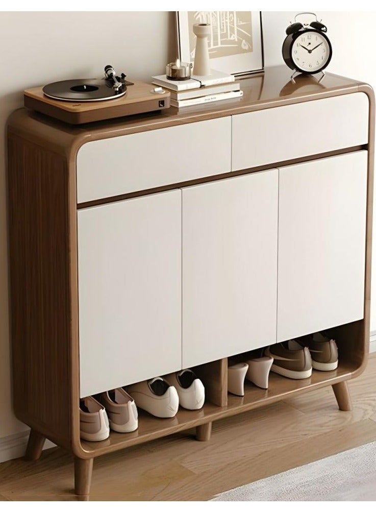 إيونتو خزانة أحذية عصرية بمساحة 100 سم مع درجين و3 أبواب - لون أبيض وخشبي، تصميم بدون مقابض، أرجل خشبية وحجرات تخزين مفتوحة - Image 1