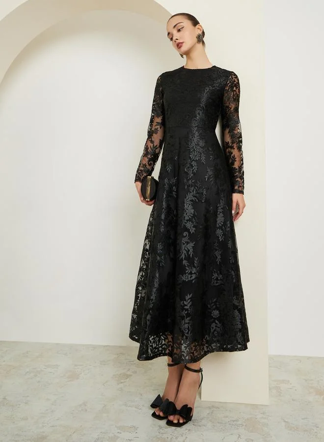 All-Lace Textured Long Sleeve A-Line Maxi Dress