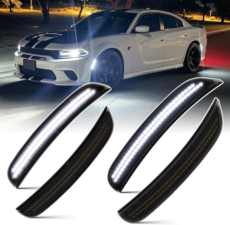 FetonAuto White LED Side Marker Lights for Dodge Charger 2015-2023, Smoked Lens Front Rear Bumper Lights with Dual Row Chips, Pure White LED Charger Side Markers Fender Parking Lamps - Image 1