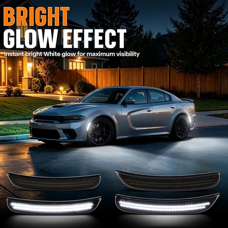 FetonAuto White LED Side Marker Lights for Dodge Charger 2015-2023, Smoked Lens Front Rear Bumper Lights with Dual Row Chips, Pure White LED Charger Side Markers Fender Parking Lamps - Image 3