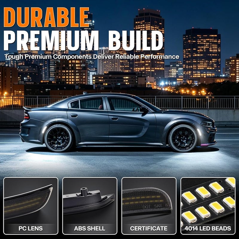 FetonAuto White LED Side Marker Lights for Dodge Charger 2015-2023, Smoked Lens Front Rear Bumper Lights with Dual Row Chips, Pure White LED Charger Side Markers Fender Parking Lamps - Image 4