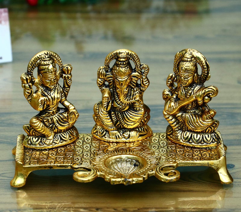 CHHARIYA Crafts Laxmi Ganesh Saraswati with Diya Decorative Showpiece - 19 cm (Metal, Gold) - Image 4