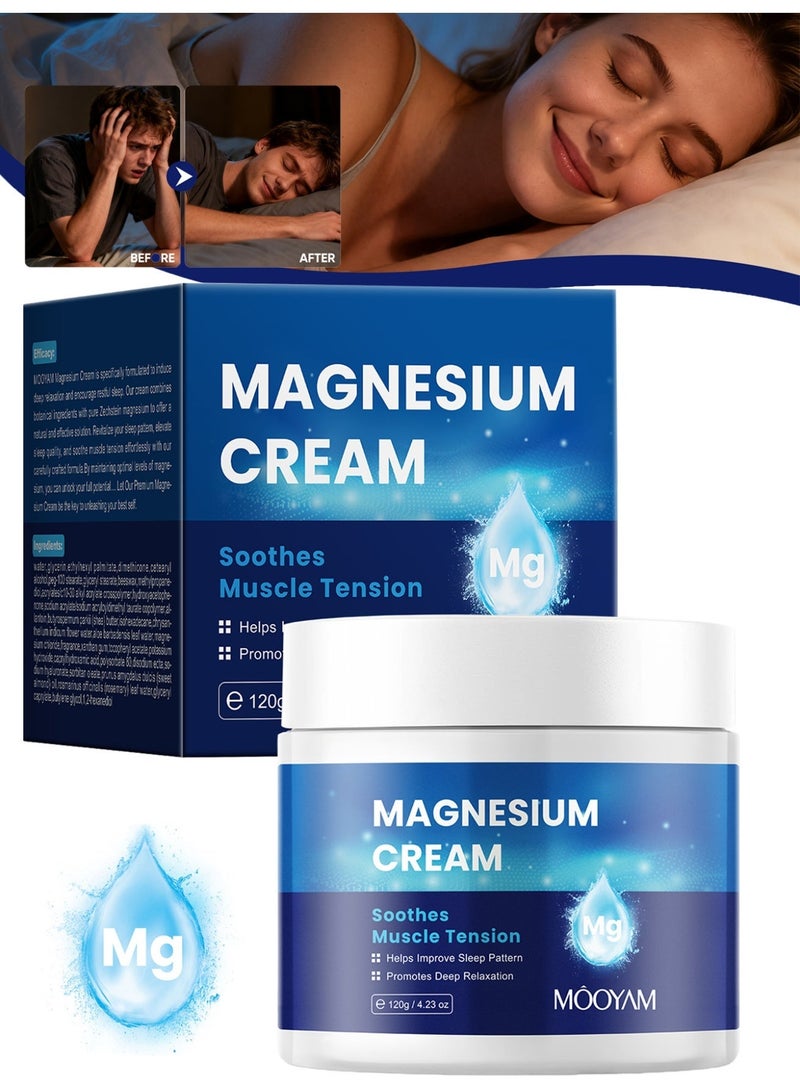 MOOYAM Magnesium Cream, Improve Sleep, Promotes Deep Relaxation, Leg & Joint Care, Non-Greasy, Topical Magnesium Chloride, Fast Absorbing Formula for Restful Nights 120g - Image 1