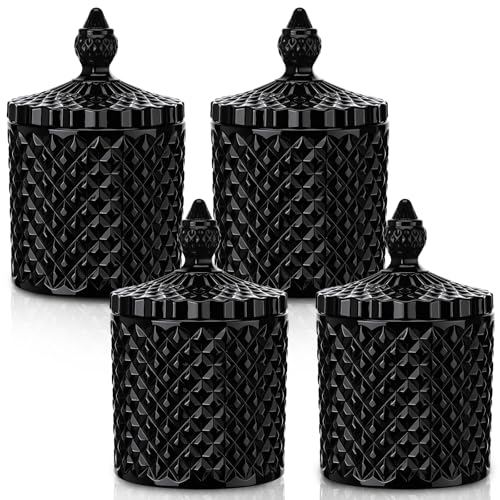 Aoriher 4 Pcs Crystal Glass Candy Jar Set with Lids Home Decorative Storage Jars for Apothecary, Bathroom, Kitchen, and Pantry, Ideal for Cotton Swabs and Jewelry(Medium,Black) - Image 1