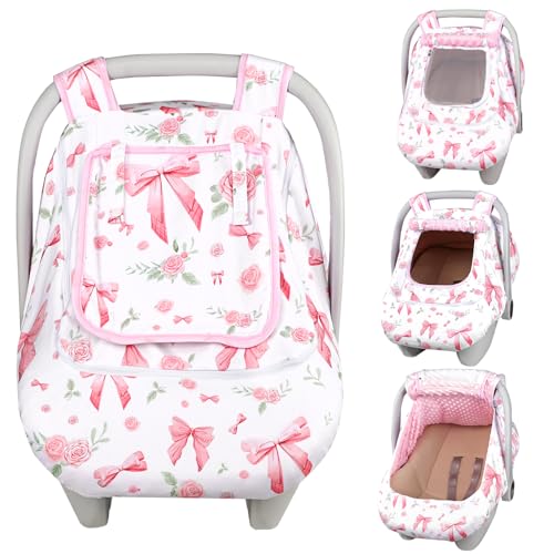 Jundetye Car Seat Cover Baby Girls Winter, Dual Zipper Infant Carseat Covers with Breathable Mesh, Universal & Warm Protection Canopy Snug Fit Baby Carseats & Strollers, Pink Rose - Image 1