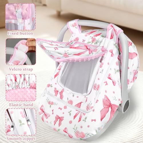 Jundetye Car Seat Cover Baby Girls Winter, Dual Zipper Infant Carseat Covers with Breathable Mesh, Universal & Warm Protection Canopy Snug Fit Baby Carseats & Strollers, Pink Rose - Image 4