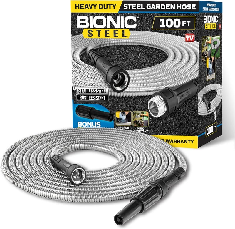 BIONIC STEEL 100 Ft Metal Garden Hose with Sprayer Nozzle, Non Kinking Designed Stainless Steel Heavy Duty Water Hose 100 Ft x 5/8 in. Flexible NON Expandable for Uninterrupted Water Flow, 500 PSI - Image 1