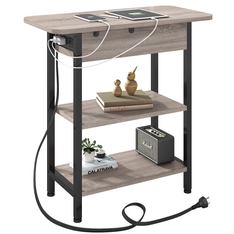 LIDYUK End Table with Charging Station Flip Top Side Table with USB Ports and Outlets Nightstand for Small Spaces Bedside Tables with Storage Shelf for Living Room Bedroom Greige