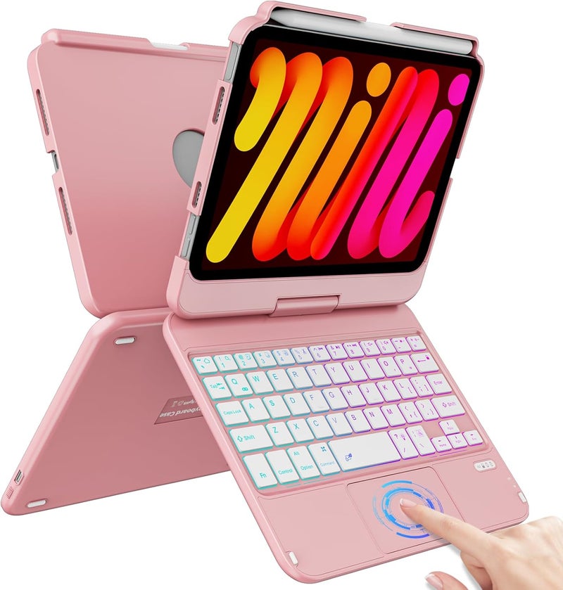 FUWANG Touchpad Keyboard Case for iPad mini 7 A17 Pro 2024 & Mini 6th Generation 2021 8.3 inch - 360° Swivel 7 Color Backlit Keyboard for iPad mini 7th 6th Generation with Pencil Holder, Rose Gold - Image 1