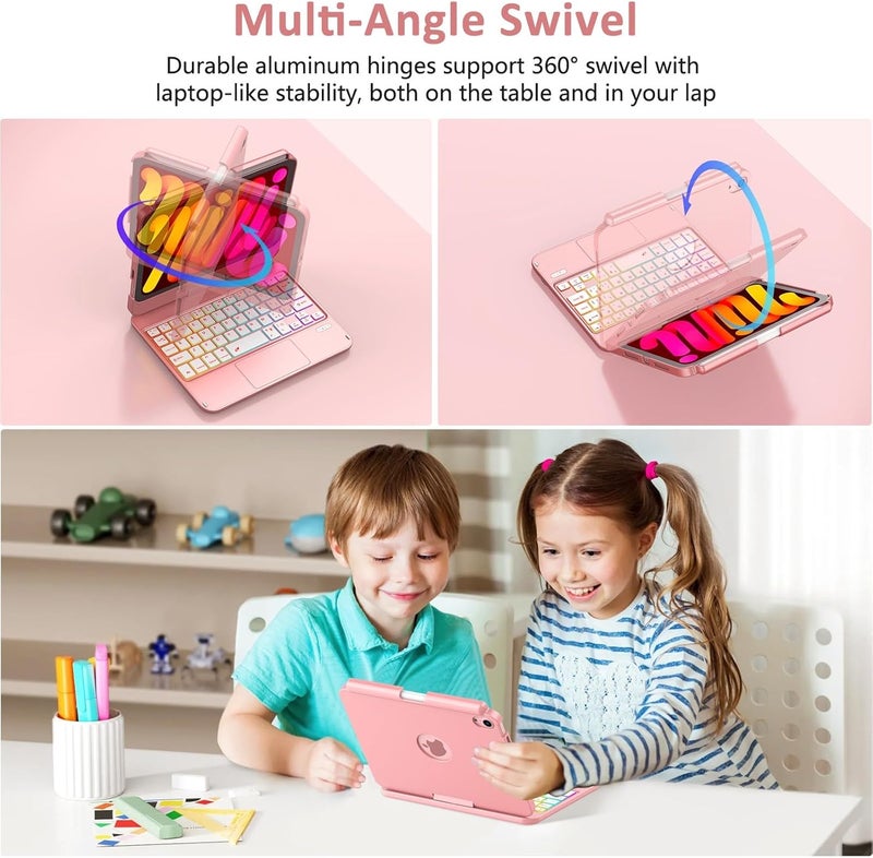 FUWANG Touchpad Keyboard Case for iPad mini 7 A17 Pro 2024 & Mini 6th Generation 2021 8.3 inch - 360° Swivel 7 Color Backlit Keyboard for iPad mini 7th 6th Generation with Pencil Holder, Rose Gold - Image 5