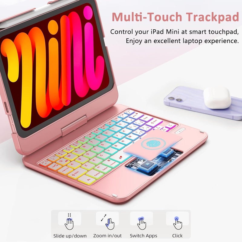 FUWANG Touchpad Keyboard Case for iPad mini 7 A17 Pro 2024 & Mini 6th Generation 2021 8.3 inch - 360° Swivel 7 Color Backlit Keyboard for iPad mini 7th 6th Generation with Pencil Holder, Rose Gold - Image 3
