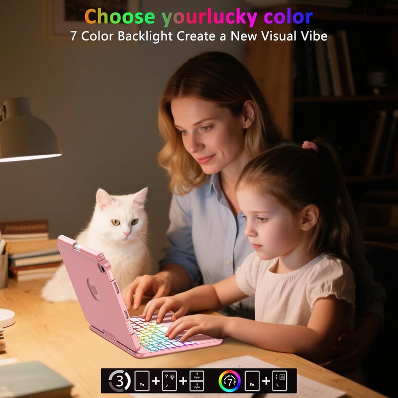 FUWANG Touchpad Keyboard Case for iPad mini 7 A17 Pro 2024 & Mini 6th Generation 2021 8.3 inch - 360° Swivel 7 Color Backlit Keyboard for iPad mini 7th 6th Generation with Pencil Holder, Rose Gold - Image 4