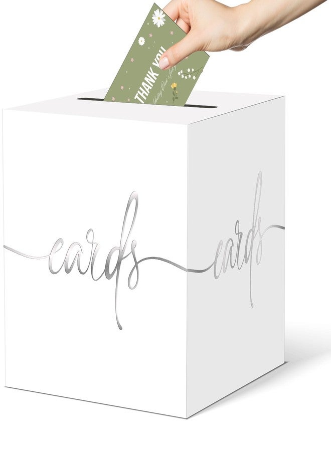 CINSOEN White Card Box with Silver Foil Design, Paperboard Card Box for Birthday Wedding Party Graduation Retirement Anniversary Valentine's Day & Baby Showers, Raffle or Money Box - Image 1