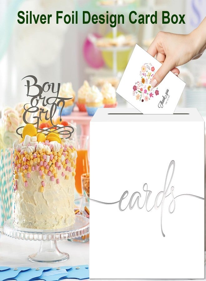 CINSOEN White Card Box with Silver Foil Design, Paperboard Card Box for Birthday Wedding Party Graduation Retirement Anniversary Valentine's Day & Baby Showers, Raffle or Money Box - Image 4
