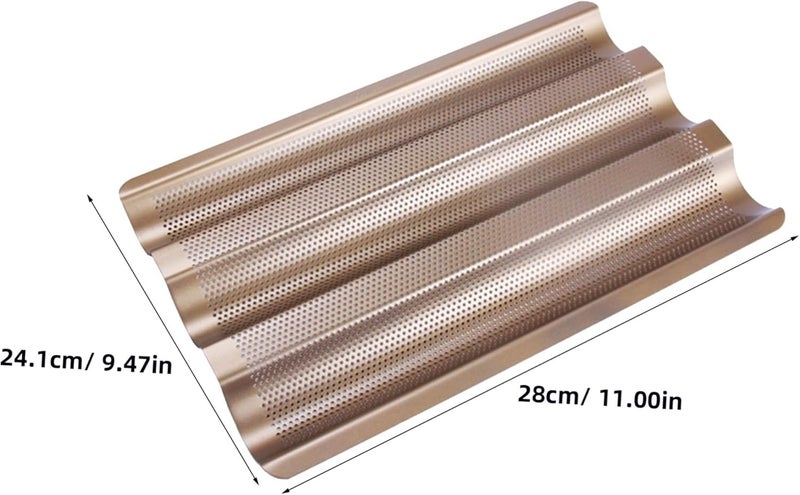 Carbon Steel Gold-colored Loaf Bake Mold with Three-slot Perforated Design, Small French Bread Baguette Pan for Oven Baking Toast and Loaves - Image 2