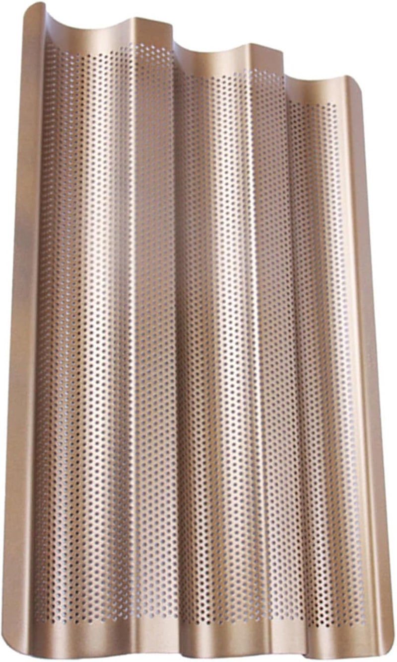 Carbon Steel Gold-colored Loaf Bake Mold with Three-slot Perforated Design, Small French Bread Baguette Pan for Oven Baking Toast and Loaves - Image 1