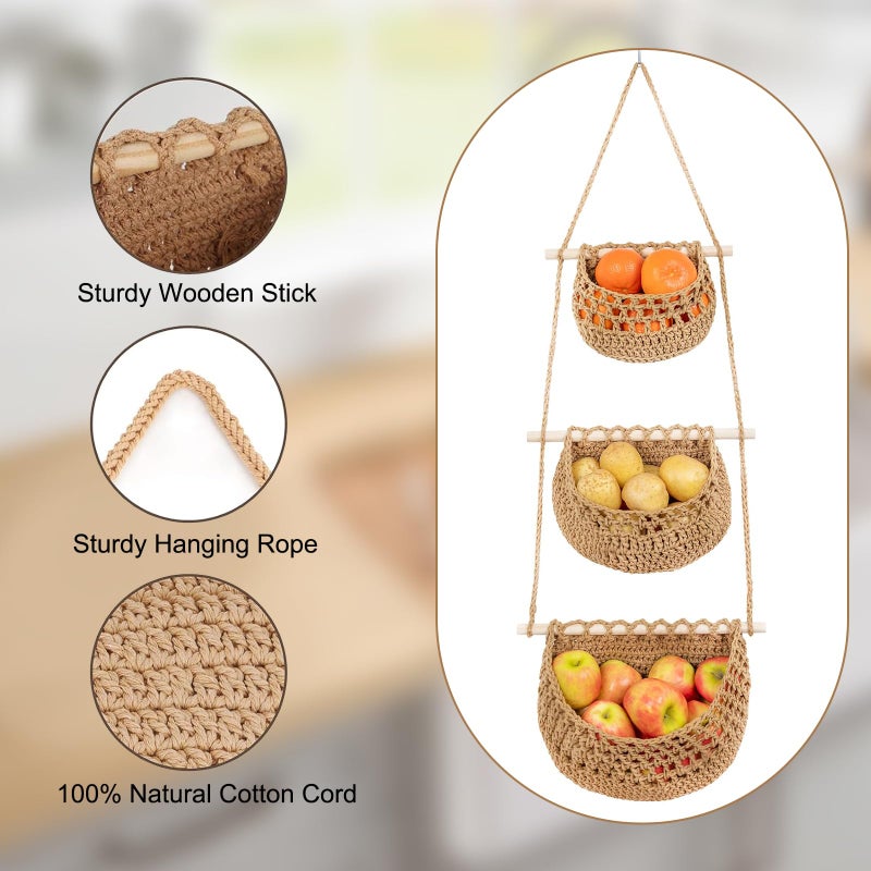 Funvalley Surperfect 3-Tier Hanging Fruit Basket, Cotton Woven Wall Storage Organizer for Fruits, Vegetables & Toys - Over The Door Boho Decor for Kitchen, Bedroom, Bathroom & Living Room - Image 5