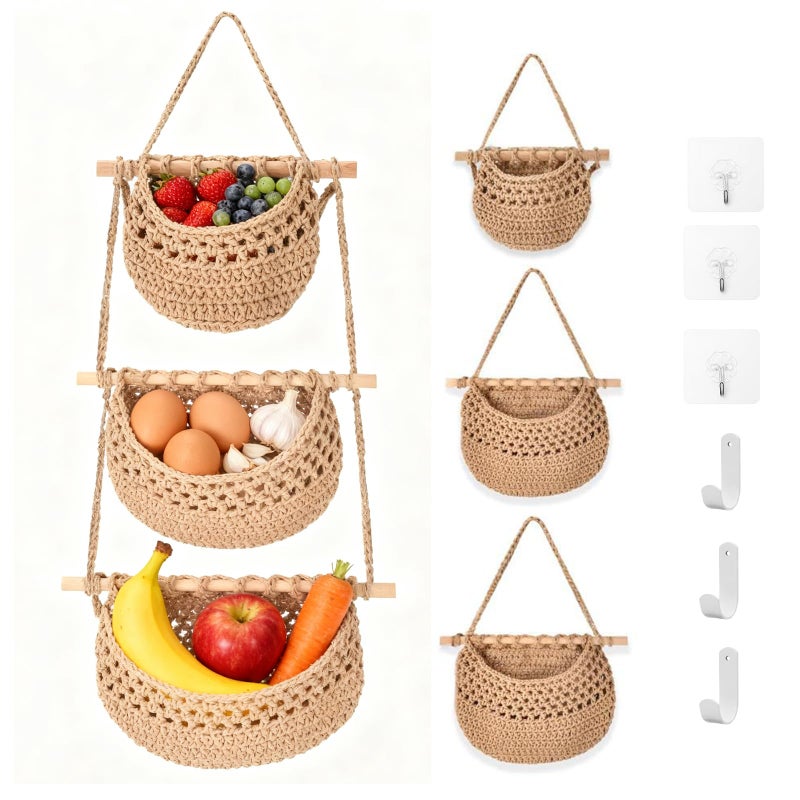 Funvalley Surperfect 3-Tier Hanging Fruit Basket, Cotton Woven Wall Storage Organizer for Fruits, Vegetables & Toys - Over The Door Boho Decor for Kitchen, Bedroom, Bathroom & Living Room - Image 1