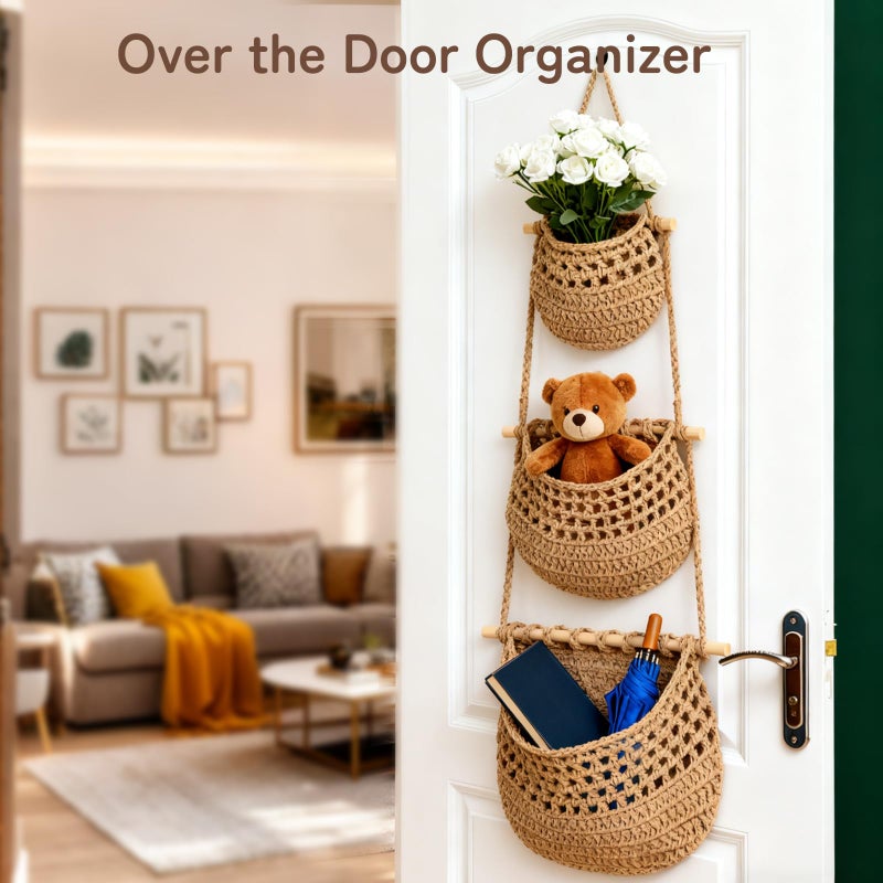 Funvalley Surperfect 3-Tier Hanging Fruit Basket, Cotton Woven Wall Storage Organizer for Fruits, Vegetables & Toys - Over The Door Boho Decor for Kitchen, Bedroom, Bathroom & Living Room - Image 2