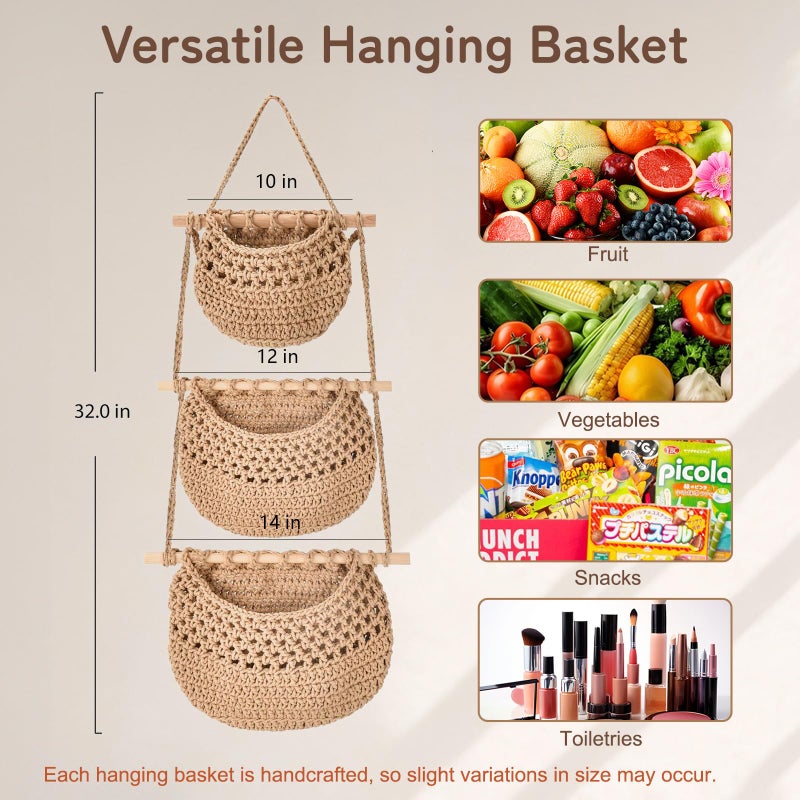 Funvalley Surperfect 3-Tier Hanging Fruit Basket, Cotton Woven Wall Storage Organizer for Fruits, Vegetables & Toys - Over The Door Boho Decor for Kitchen, Bedroom, Bathroom & Living Room - Image 3