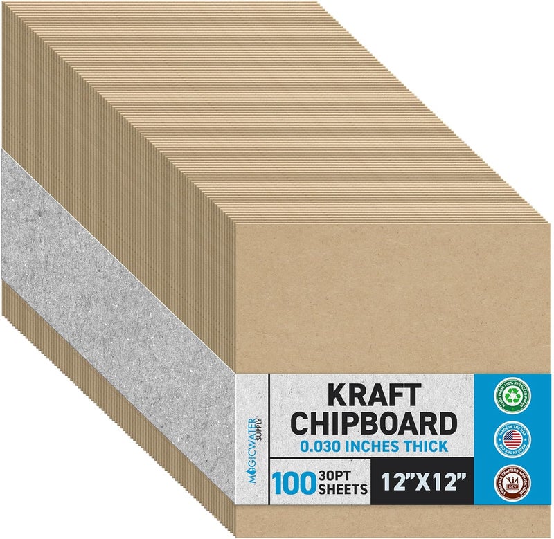 MagicWater Supply MagicWater Chipboard Sheet for DIY Projects - 12x12 Inch - 100 Pack - 30 pt - Heavy Duty Kraft (0.030 Inch Thick) Paperboard, for Scrapbooking, Books, Picture Frame Backing, Arts Project & Crafts - Image 1