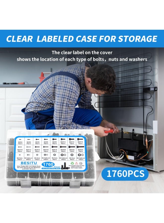 SANMUGEED 1760pcs M2 M3 M4 M5 Metric Screw Assortment, Grade 12.9 Alloy Steel Hex Socket Head Cap Bolts and Nuts Kit, Black Zinc Plated and Anti Rust Screw Set with 4 pcs Hex Wrenches - Image 5