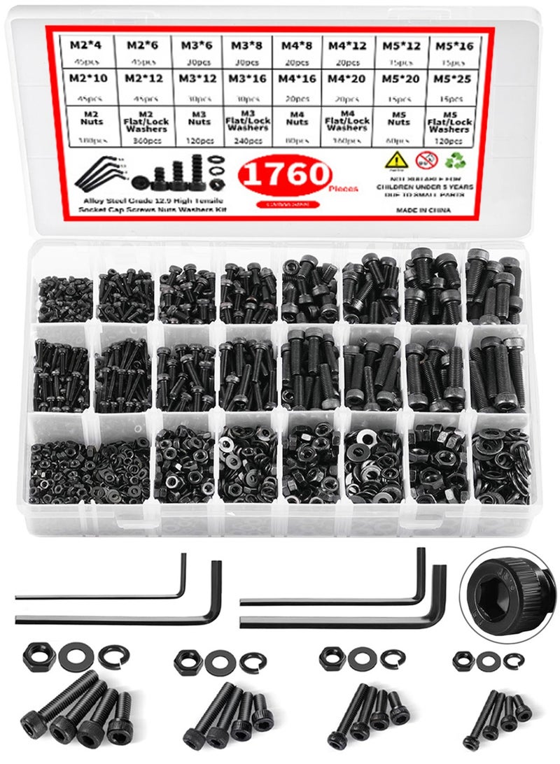 SANMUGEED 1760pcs M2 M3 M4 M5 Metric Screw Assortment, Grade 12.9 Alloy Steel Hex Socket Head Cap Bolts and Nuts Kit, Black Zinc Plated and Anti Rust Screw Set with 4 pcs Hex Wrenches - Image 1