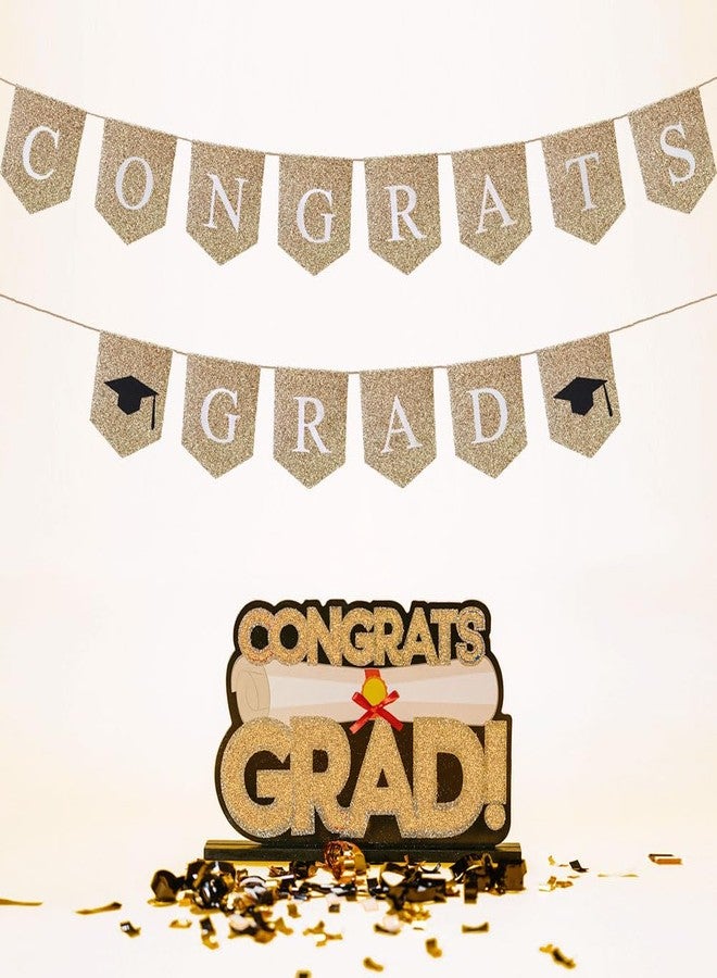 CROWNOS Congrats Grad Banner - Prestrung Fabric Gold Graduation Banner Sign for Congratulations Decorations - Image 3