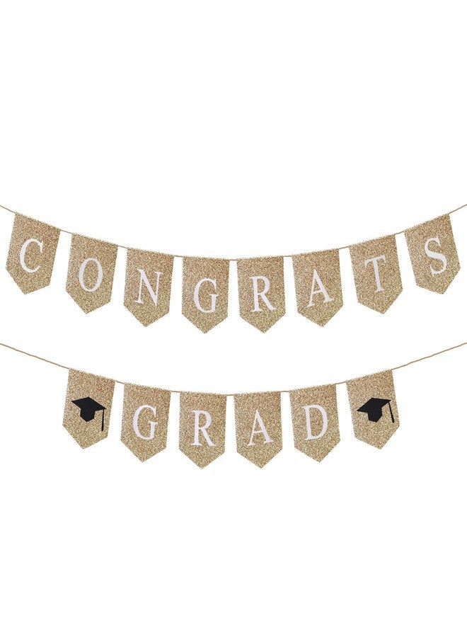 CROWNOS Congrats Grad Banner - Prestrung Fabric Gold Graduation Banner Sign for Congratulations Decorations - Image 1