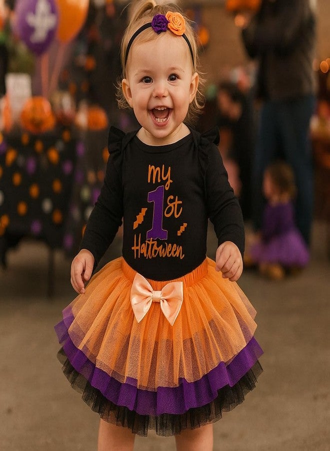 Kunyeah 3Pcs Baby Girl First Halloween Outfit Infant Romper Dress Bow Tutu Skirt with Headband Newborn Thanksgiving Bodysuit (My First, 6-9Months) - Image 3