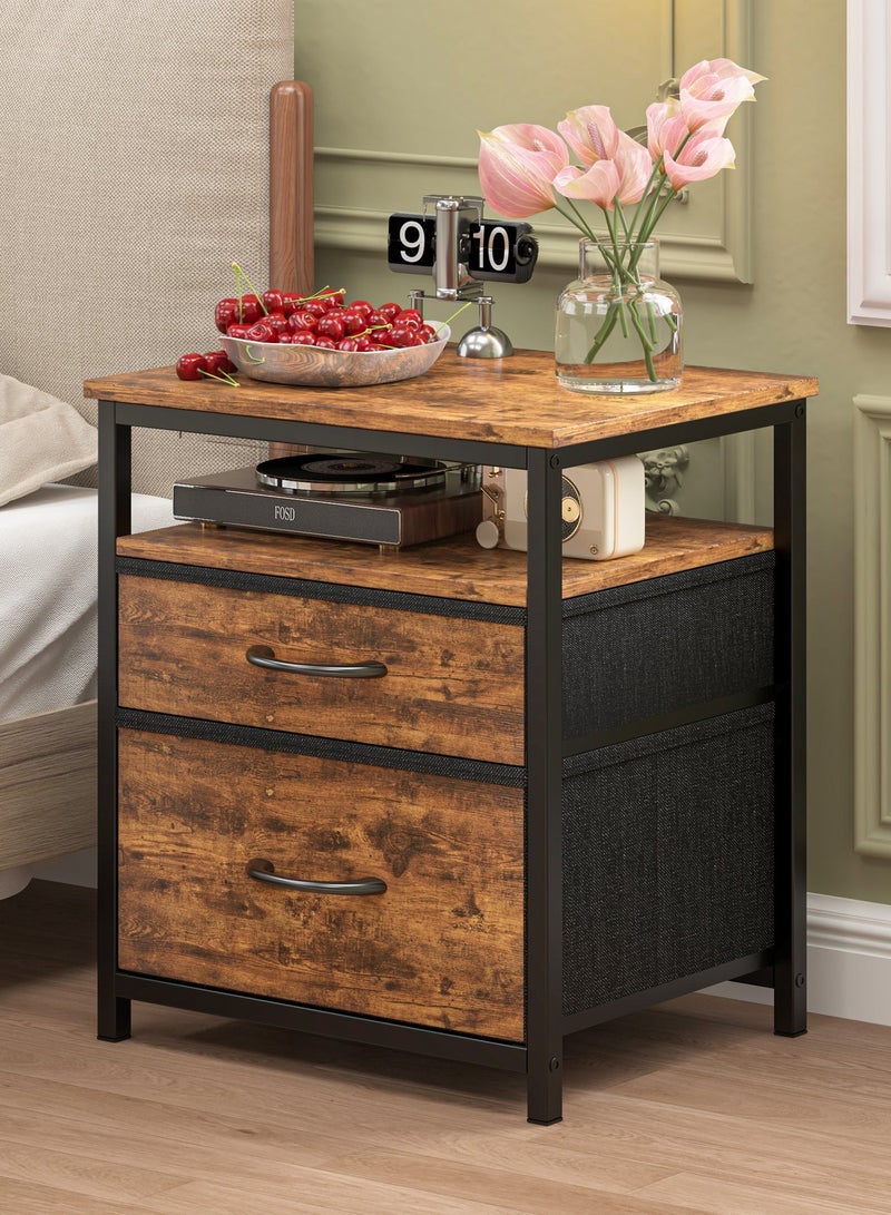 Bedside Table,Nightstand With Fabric Drawer,End Table With Open Shelf,Night Stand For Bedside Rustic Brown "