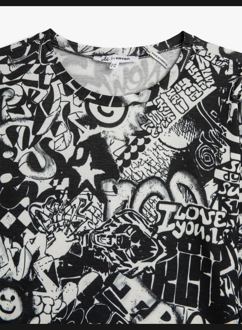 كوتون Graffiti Printed Crew Neck Long Sleeve T-Shirt