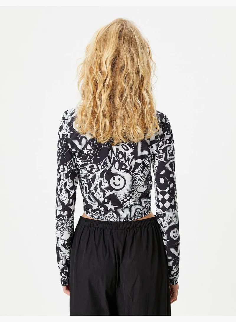 كوتون Graffiti Printed Crew Neck Long Sleeve T-Shirt