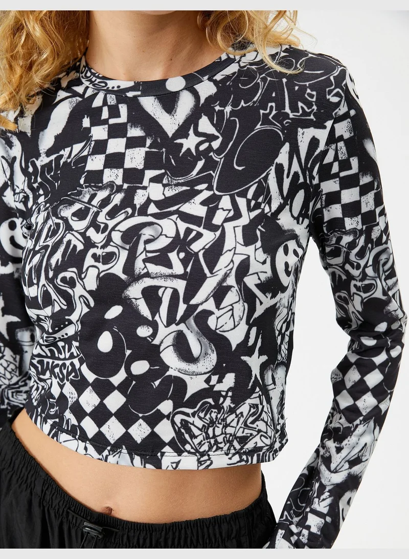 كوتون Graffiti Printed Crew Neck Long Sleeve T-Shirt