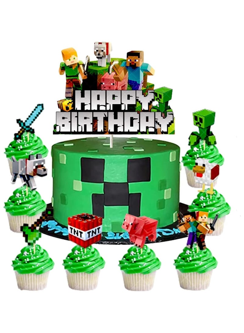9PCS Pixel Miner Party Cake Toppers - Fun Birthday Decorations for Boys and Girls, Perfect Pixel Themed Game Theme Party Supplies - Image 1