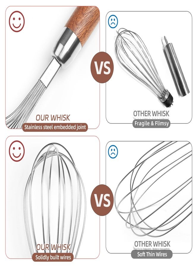 EVNSIX Stainless Steel Wire Whisk, Wooden Handle Kitchen Multi Function Non Stick Balloon Whisk Egg Beater for Blending Whisking, Beating, Frothing & Stirring Batters (10"L x 1.8"W) - Image 3