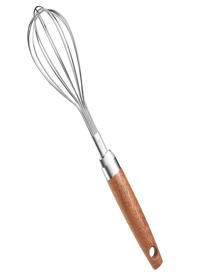 EVNSIX Stainless Steel Wire Whisk, Wooden Handle Kitchen Multi Function Non Stick Balloon Whisk Egg Beater for Blending Whisking, Beating, Frothing & Stirring Batters (10"L x 1.8"W) - Image 1