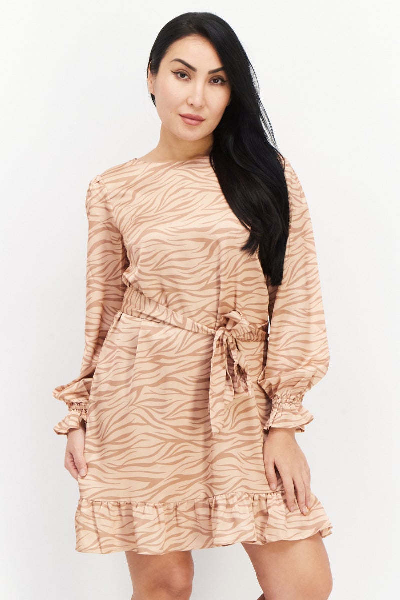 Lost + Wander Women Allover Print Mini Dress, Tan - Image 1
