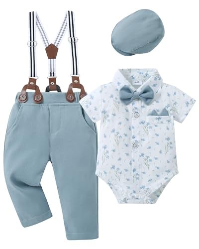 YALLET Baby Boy Clothes Set Infant Tuxedo Gentleman Suit Outfits Formal Dress Shirt Beret Hat Suspender Pants BowtieShort Sleeved White Flower 03 Months - Image 1