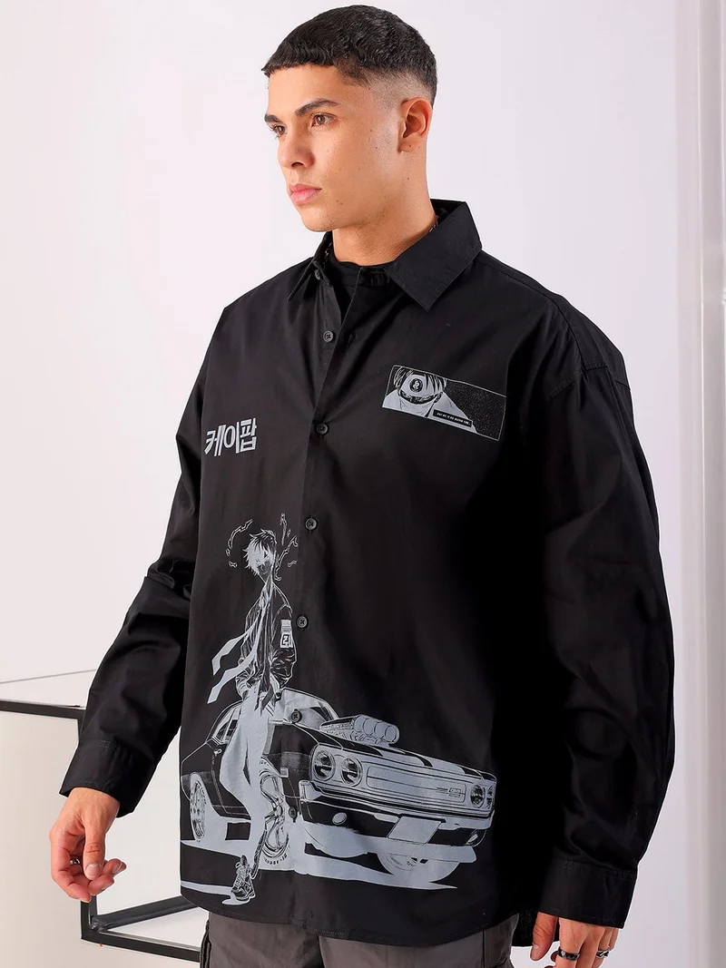 The Indian Garage Co Men Oversized Anime Print Full Sleeves Cutaway Collar Street Wear Shirt