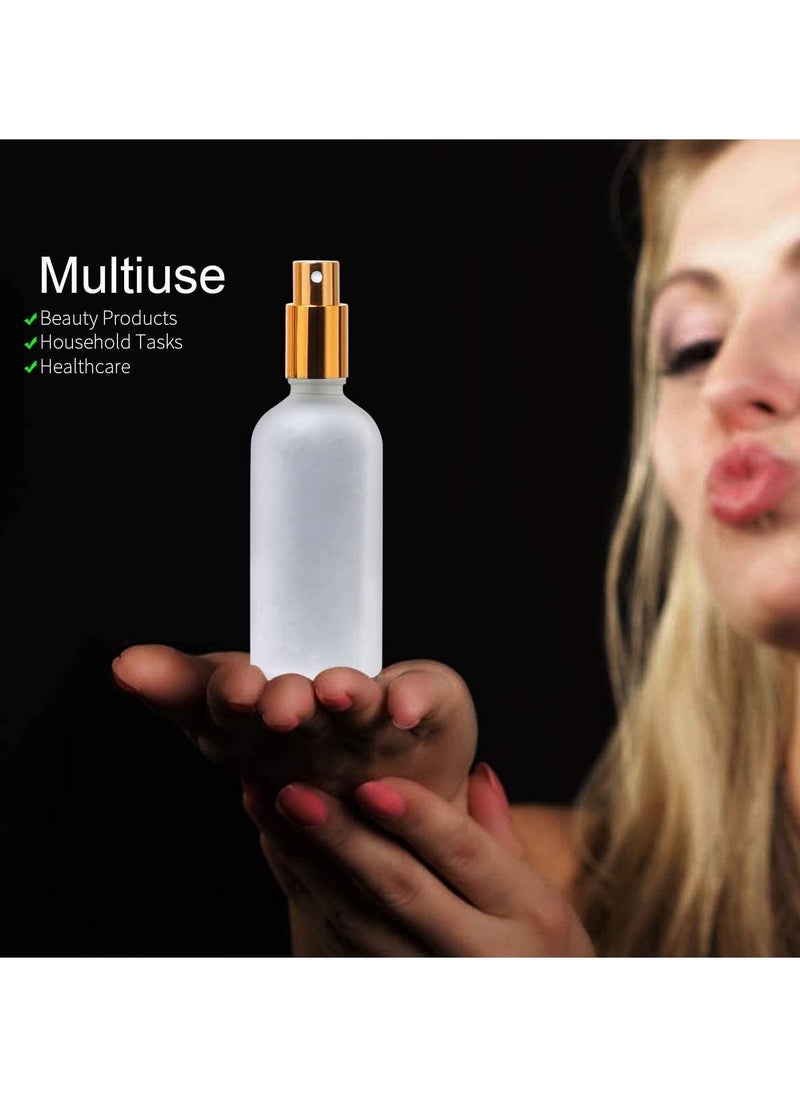 SYOSI - Spray Bottles 100ml, Frosted Glass Spray Bottles, 2Pcs Leak Proof Travel Empty Spray Bottles with Caps, Refillable Bottle for Perfume, Essential Oils, Makeup Toner Lotion Hair Sprayer (Gold) - Image 1