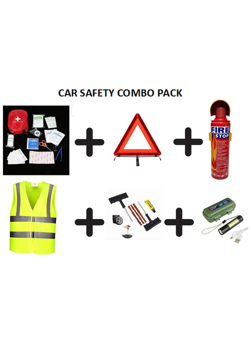 Portable Combo Car Emergency Safety Essentials, Fire Extinguisher 1000ml, Road Warning Triangle Reflector,Safety Jacket, First Aid Pouch,Tyre Puncture Repair Kit and Rechargeable Mini Torch Flashlight