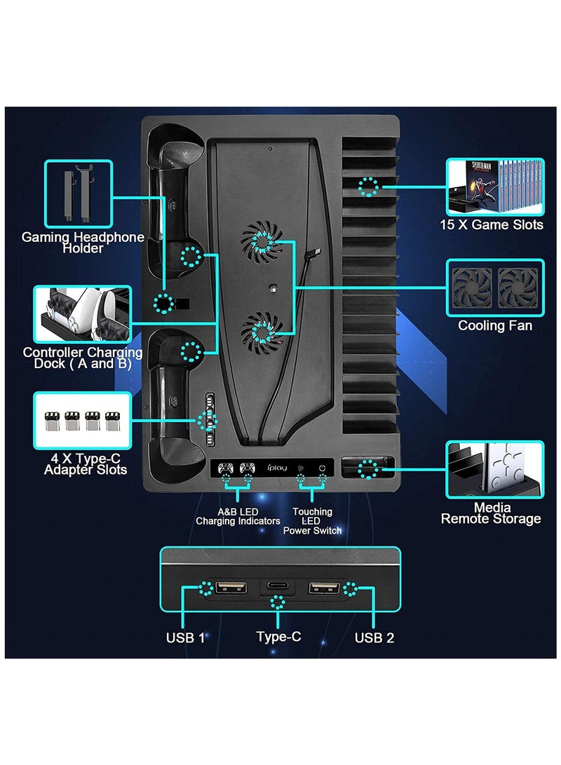 Vertical Stand Compatible for PS5 Console, Stand with Cooling Fan and Controller Charger for Playstation 5, Dualsense Charging Dock with 15 Game Disc Storage - Image 2