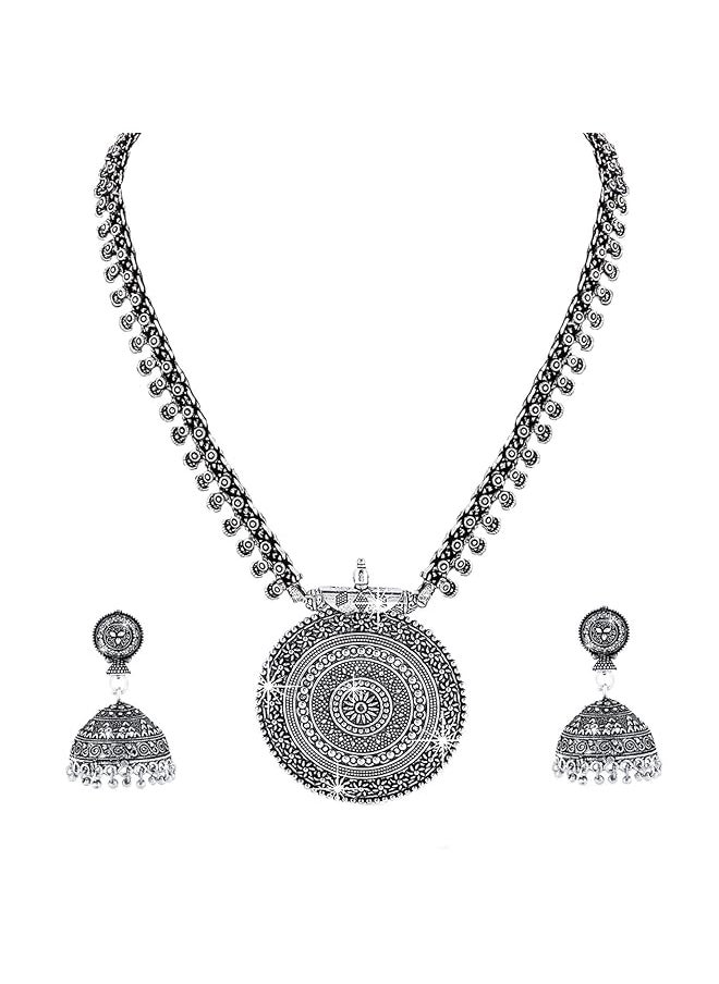 YELLOW CHIMES - German Silver Oxidized Traditional Latest Fashion Pendant Necklace With Earrings Jewelery Set For Women And Girls Charm Pendant 3 - Image 1