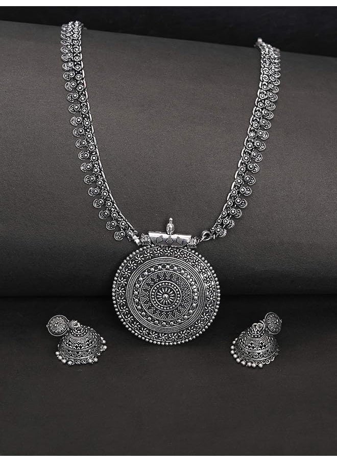 YELLOW CHIMES - German Silver Oxidized Traditional Latest Fashion Pendant Necklace With Earrings Jewelery Set For Women And Girls Charm Pendant 3 - Image 1